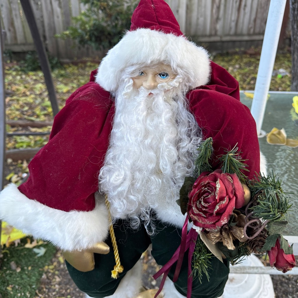 Vintage Santa Claus Shelf Sitter Red Velvet Gold Boots Christmas Decor 16 inch